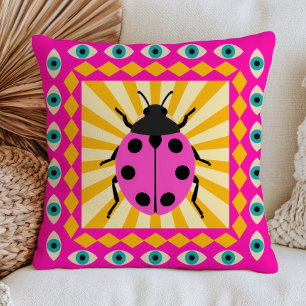 Ladybug on Retro Sunrays Funky Evil Eyes Dopamine Cushion