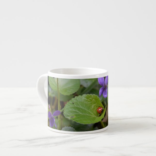 Ladybug on Sweet Violet Flowers Espresso Cup (Front Left)
