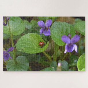Ladybug on Sweet Violet Flowers Jigsaw Puzzle
