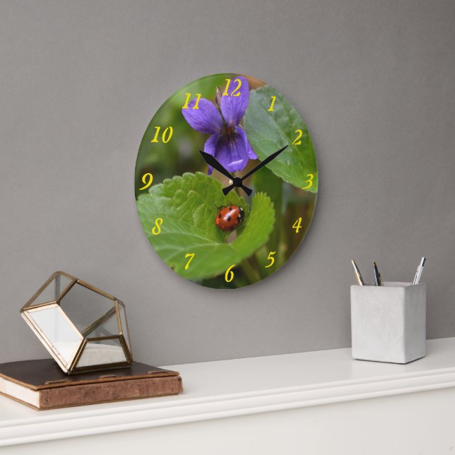 Ladybug on Sweet Violet Flowers Large Clock (Office)