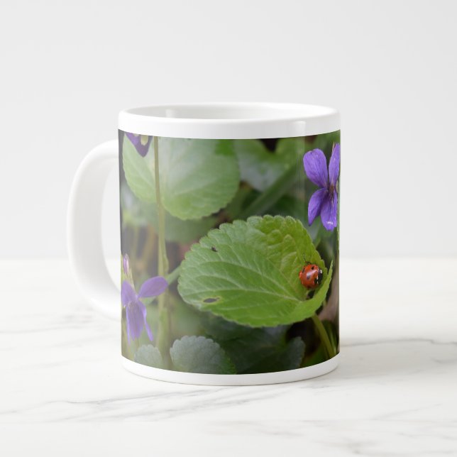 Ladybug on Sweet Violet Flowers Large Coffee Mug (Front Left)