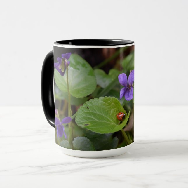 Ladybug on Sweet Violet Flowers Mug (Front Left)