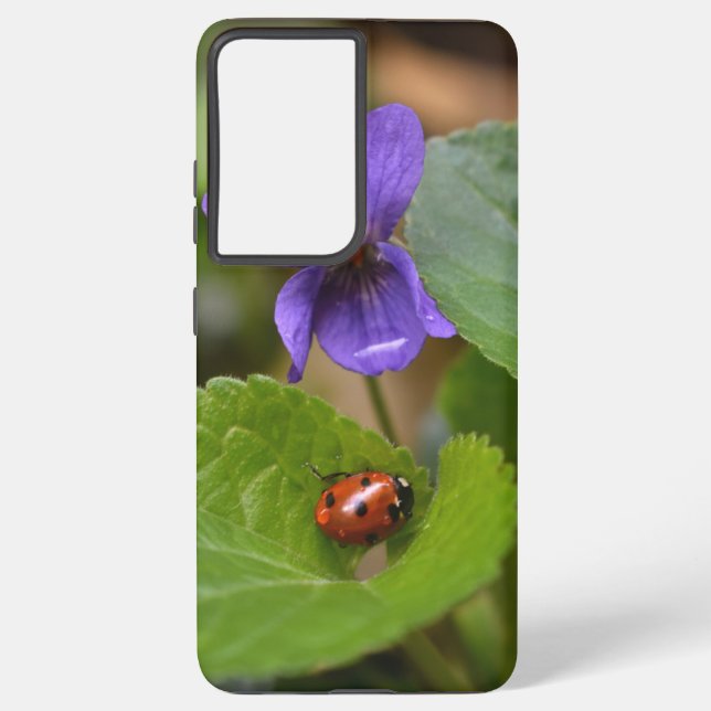 Ladybug on Sweet Violet Flowers Samsung Galaxy S21 Ultra Case (Back)
