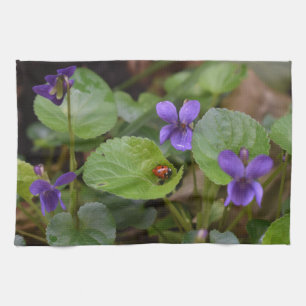 Ladybug on Sweet Violet Flowers Tea Towel