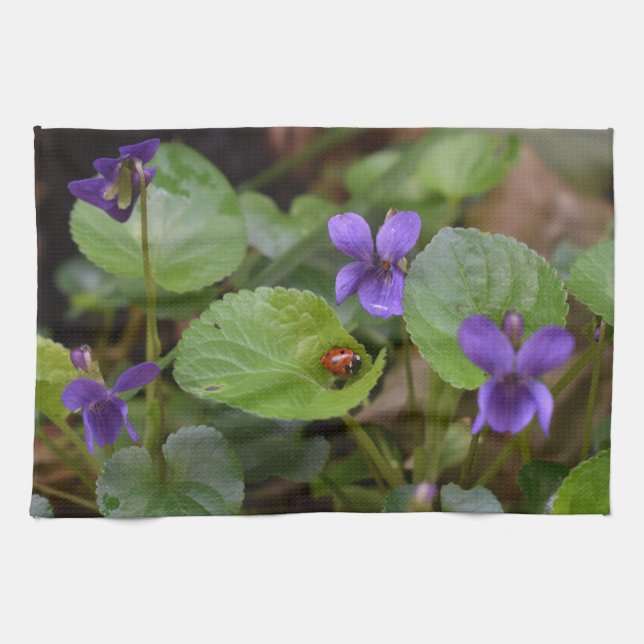 Ladybug on Sweet Violet Flowers Tea Towel (Horizontal)
