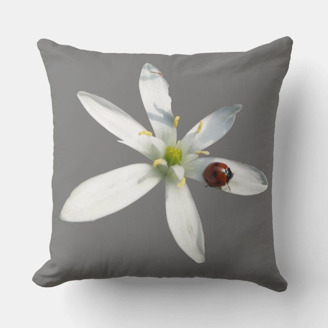 Ladybug on White Flower Cust. Grey Throw Pillow (Front)