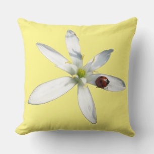 Ladybug on White Flower Cust. Yellow Throw Pillow