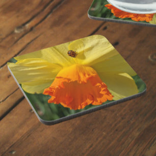 Ladybug on Yellow Daffodil Floral Coaster