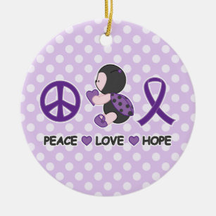 Ladybug Peace Love Hope Purple Awareness Ribbon Ceramic Tree Decoration
