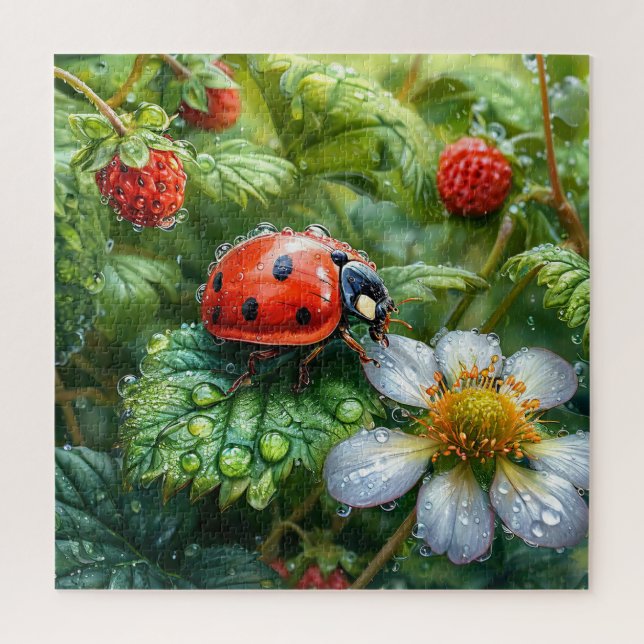 Ladybug Perched on Dew-Covered Strawberry Plant Jigsaw Puzzle (Vertical)