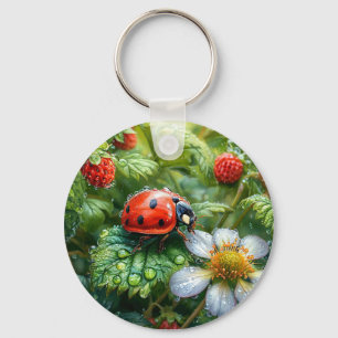 Ladybug Perched on Dew-Covered Strawberry Plant Key Ring