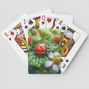 Ladybug Perched on Dew-Covered Strawberry Plant Playing Cards