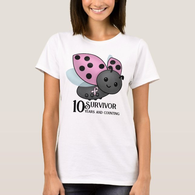 Ladybug Pink Awareness Ribbon 10 years survivor T- T-Shirt (Front)