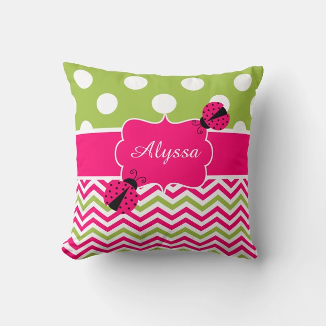 Ladybug Pink Green Personalised Pillow (Front)