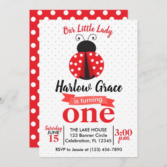 Ladybug Red and Black Polka Dot Birthday Invitation (Front/Back)