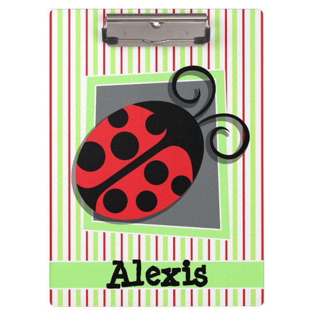 Ladybug; Red and Lime Green Stripes Clipboard (Front)