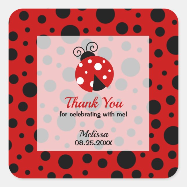 Ladybug Red Black Frame Polka Dots Thank You Square Sticker (Front)