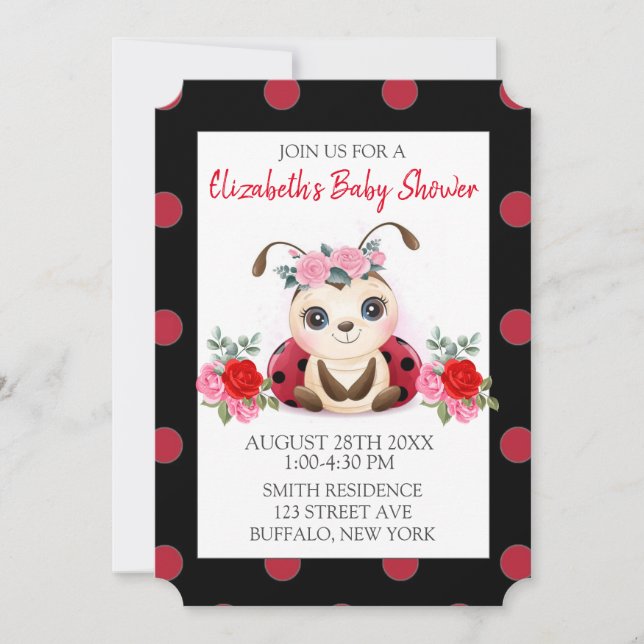 Ladybug Red Pink Flora Girl Baby Shower Invitation (Front)