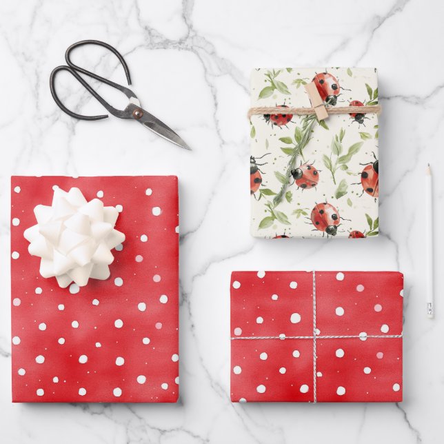 Ladybug Red White Dots Birthday Wrapping Paper Sheet (Front)
