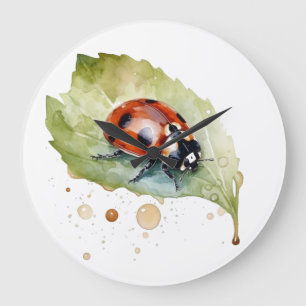 Ladybug sitting on a leaf in vibrant water colour large clock