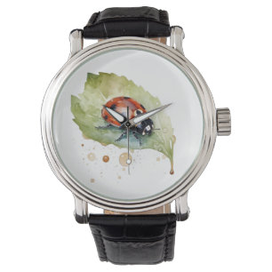 Ladybug sitting on a leaf in vibrant water colour watch