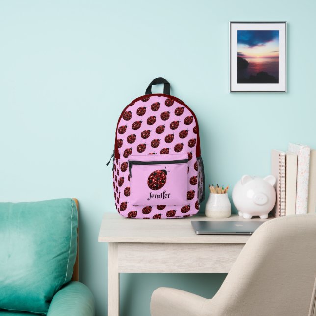 Ladybug sparkles red pattern pink custom name printed backpack (Insitu)