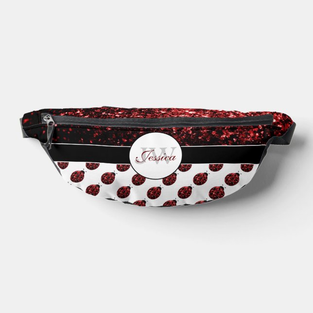 Ladybug sparkles red pattern white custom Monogram Bum Bags (Lay Down)