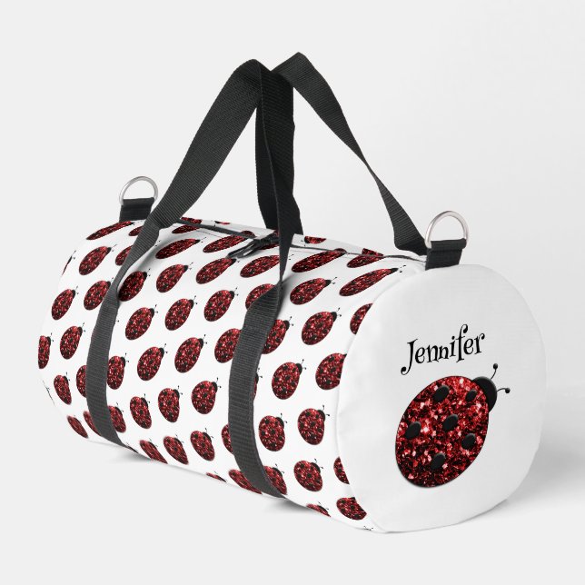 Ladybug sparkles red pattern white custom name duffle bag (Left Corner)