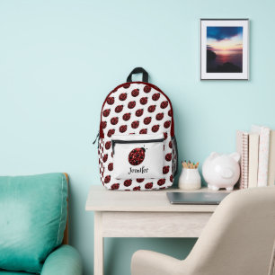 Ladybug sparkles red pattern white custom name printed backpack