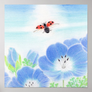 Ladybug Spring Blue Flower Nemophila Nursery Art Poster