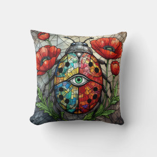Ladybug stained glass vibrant poppy flower insect cushion