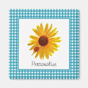 Ladybug Sunflower Turquoise Gingham With Name Magnet
