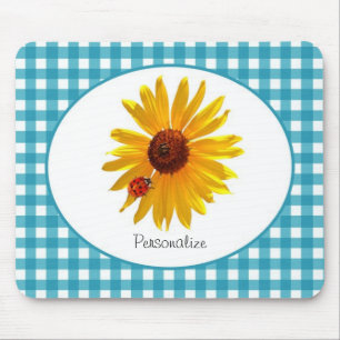 Ladybug Sunflower Turquoise Gingham With Name Mouse Pad