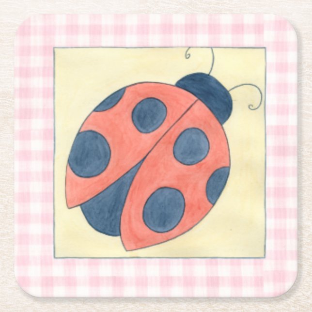 Ladybug Trio Landing on Flowers Square Paper Coaster (Front)