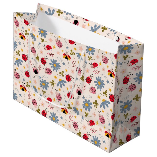 Ladybug Wildflower Pattern Large Gift Bag (Front Angled)