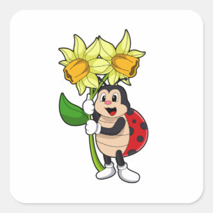 Ladybug with Flower Daffodil Square Sticker