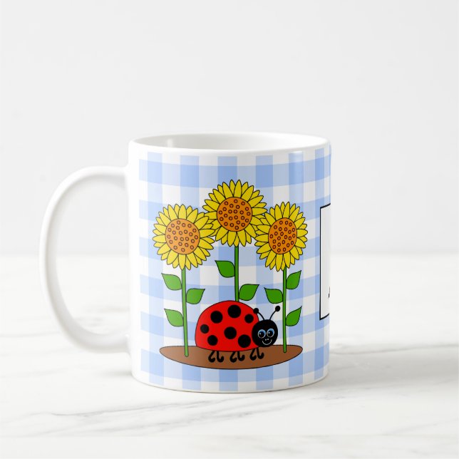 Ladybug with Sunflowers Blue Gingham Monogram Coffee Mug (Left)