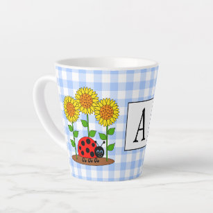 Ladybug with Sunflowers Blue Gingham Monogram Latte Mug