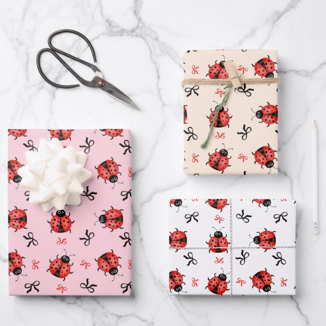 Ladybugs and bows wrapping paper sheet (Front)