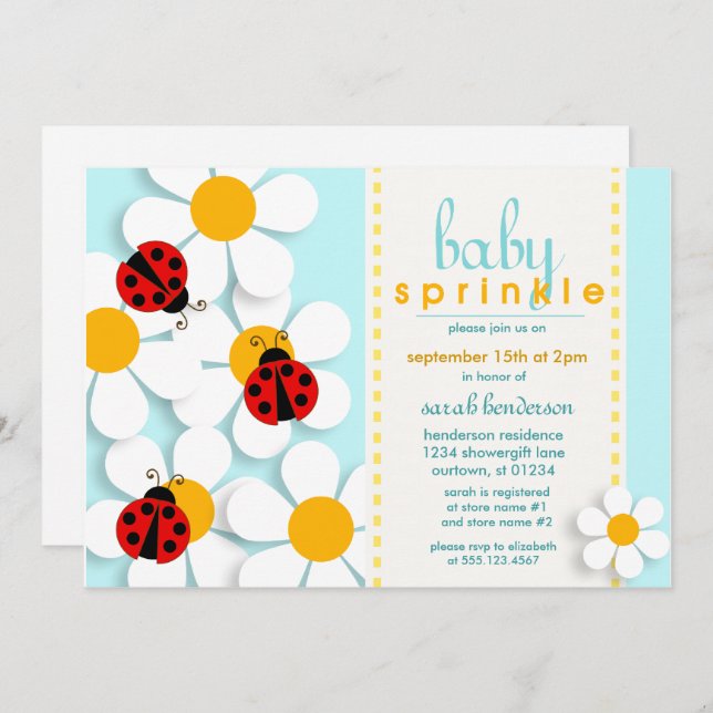 Ladybugs and Daisies Baby Sprinkle Invitations (Front/Back)