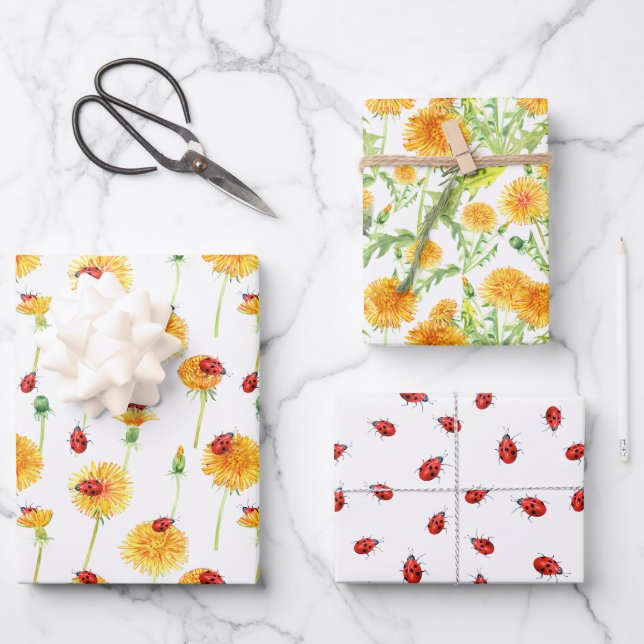 Ladybugs and Dandelions Wrapping Paper Sheet (Front)