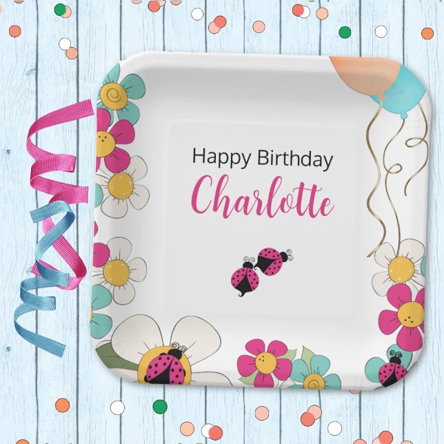 Ladybugs and Flowers Square Birthday Party Paper Plate (Creator Uploaded)
