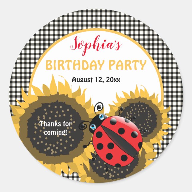 Ladybugs and Sunflowers Birthday Party Thank You Classic Round Sticker (Front)