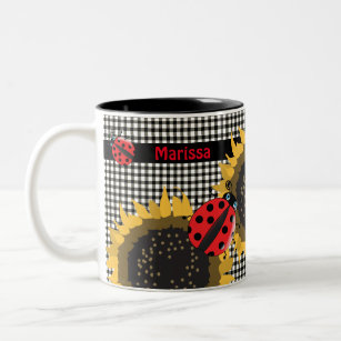 Ladybugs and Sunflowers BW Gingham Checks Name Two Two-Tone Coffee Mug