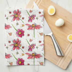 Ladybugs Bees Watercolor Flowers Tea Towel