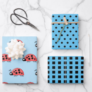 Ladybugs blue and black dots and squares wrapping paper sheet