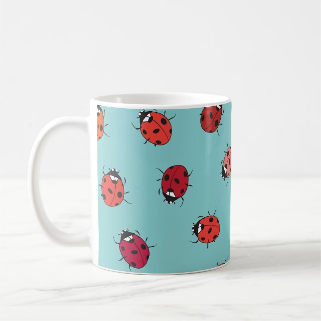 Ladybugs, blue background, charming seamless patte coffee mug (Left)