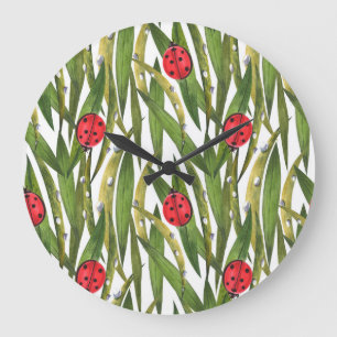 Ladybugs: daisy background watercolor pattern. large clock