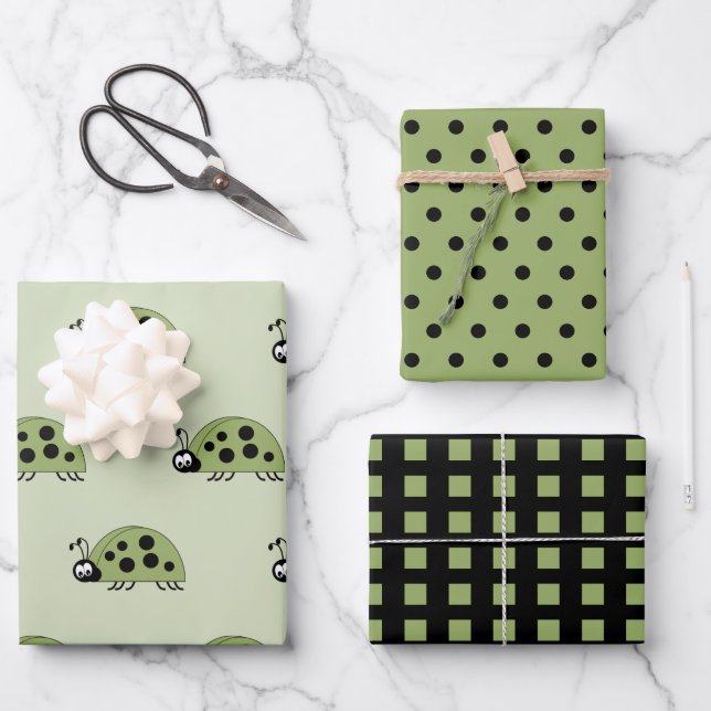Ladybugs green and black dots and squares wrapping paper sheet (Front)
