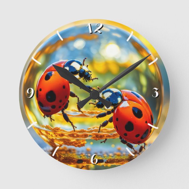 Ladybugs in a drop of water round clock (Front)